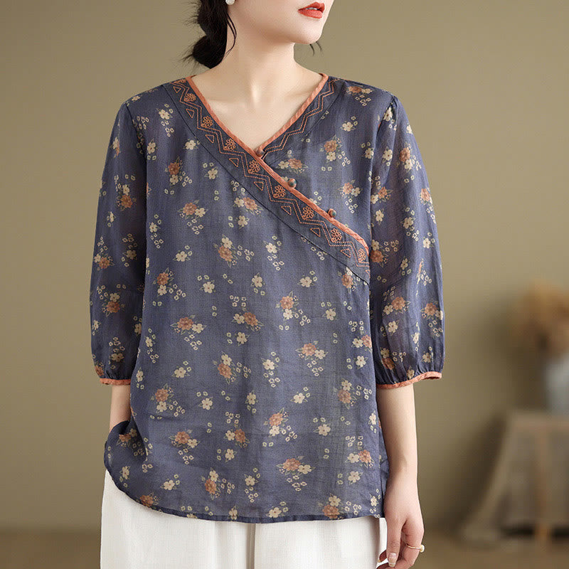 Buddha Stones Sommerliche Vintage-Damenbluse mit Blumenmuster, V-Ausschnitt und Ellbogenlänge - Dunkelschieferblau - US 8-10, UK/AU 12-14, EU 40-42 (2XL) - image 0