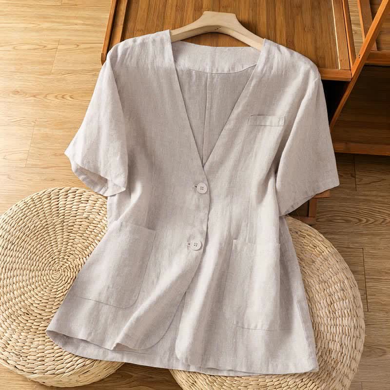 Buddha Stones Lässiges, sommerliches Kurzarmhemd mit Knopfleiste, V-Ausschnitt und Taschen für Damen - Beige - US 8-10, UK/AU 12-14, EU 40-42 (2XL) - image 17