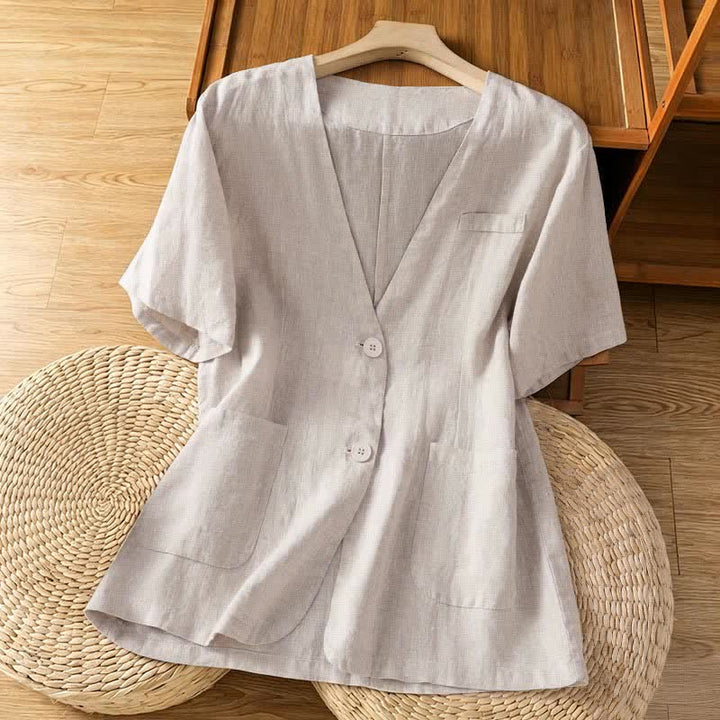 Buddha Stones Lässiges, sommerliches Kurzarmhemd mit Knopfleiste, V-Ausschnitt und Taschen für Damen - Beige - US 8-10, UK/AU 12-14, EU 40-42 (2XL) - image 17