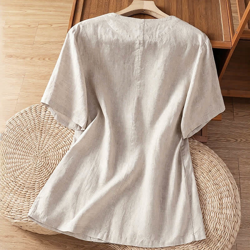 Buddha Stones Lässiges, sommerliches Kurzarmhemd mit Knopfleiste, V-Ausschnitt und Taschen für Damen - image 18