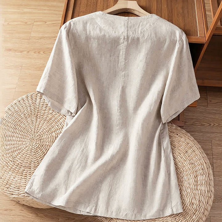 Buddha Stones Lässiges, sommerliches Kurzarmhemd mit Knopfleiste, V-Ausschnitt und Taschen für Damen - image 18