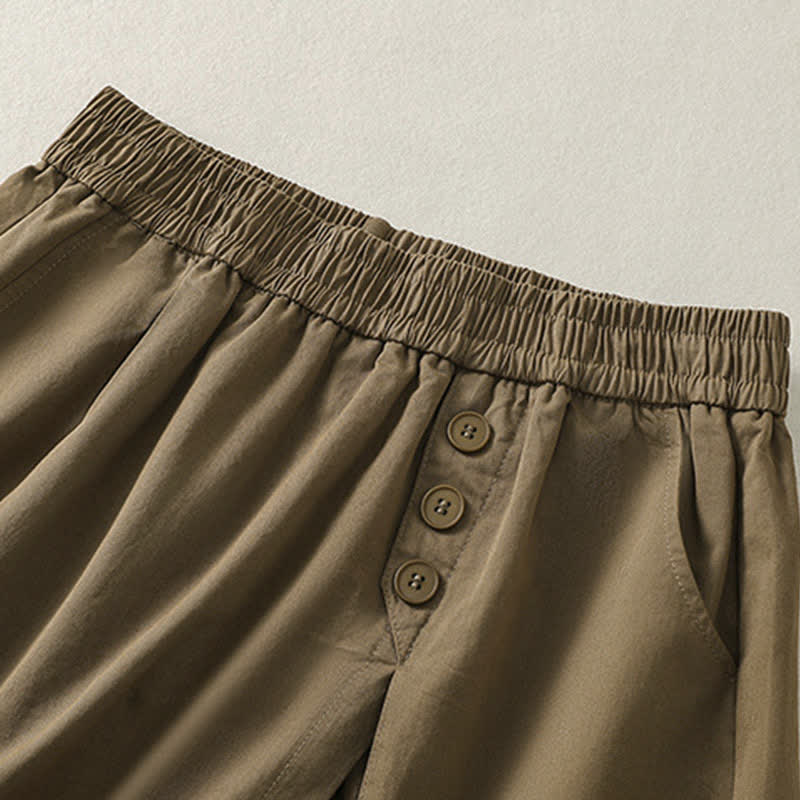 Buddha Stones Lässige, einfarbige Damen-Shorts mit dekorativen Knöpfen und Taschen für den Sommer - image 2