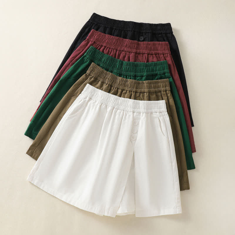 Buddha Stones Lässige, einfarbige Damen-Shorts mit dekorativen Knöpfen und Taschen für den Sommer - image 23