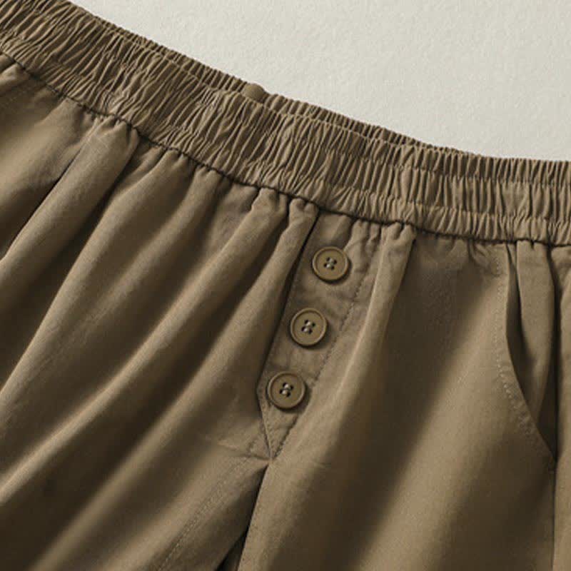 Buddha Stones Lässige, einfarbige Damen-Shorts mit dekorativen Knöpfen und Taschen für den Sommer - image 3