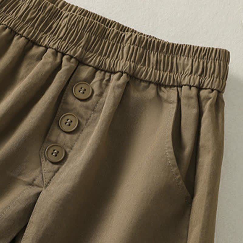 Buddha Stones Lässige, einfarbige Damen-Shorts mit dekorativen Knöpfen und Taschen für den Sommer - image 4