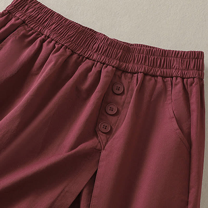 Buddha Stones Lässige, einfarbige Damen-Shorts mit dekorativen Knöpfen und Taschen für den Sommer - image 13