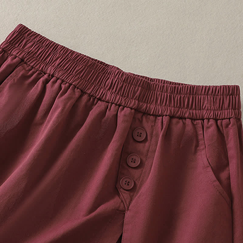 Buddha Stones Lässige, einfarbige Damen-Shorts mit dekorativen Knöpfen und Taschen für den Sommer - image 12