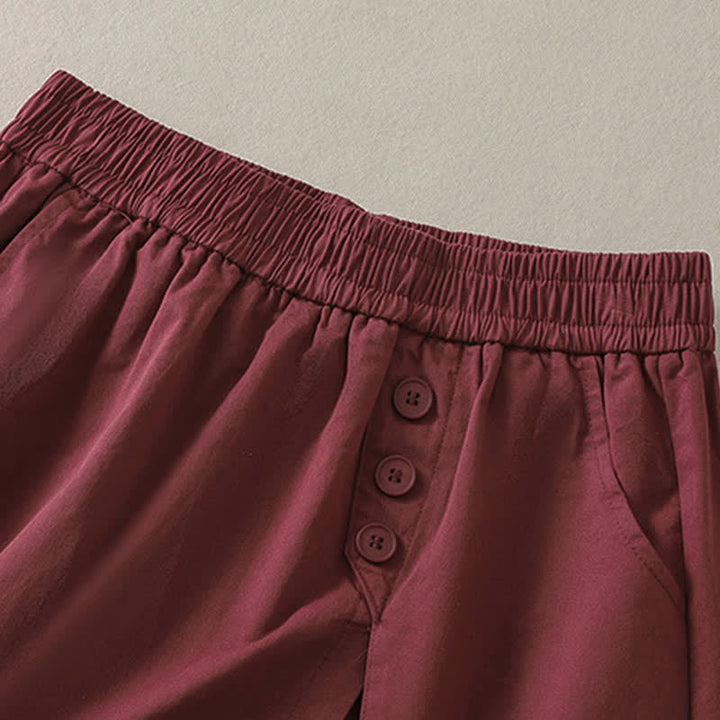 Buddha Stones Lässige, einfarbige Damen-Shorts mit dekorativen Knöpfen und Taschen für den Sommer - image 12