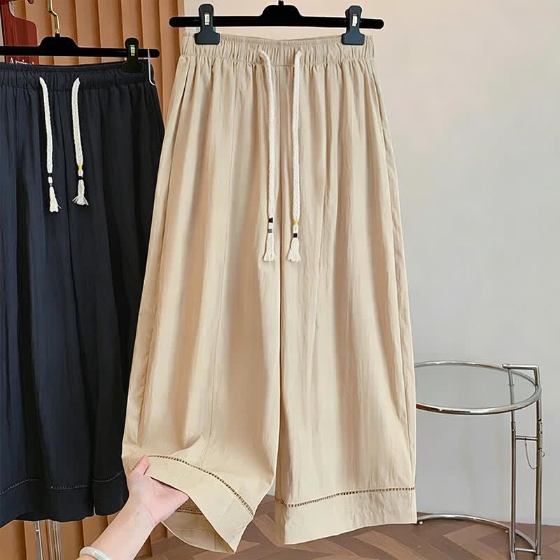 Buddha Stones Lässige, einfarbige, knöchellange Damenhose mit weitem Bein und Taschen, Kordelzug für Frühling und Sommer - Khaki - US12, UK/AU16, EU44 (2XL) - image 0