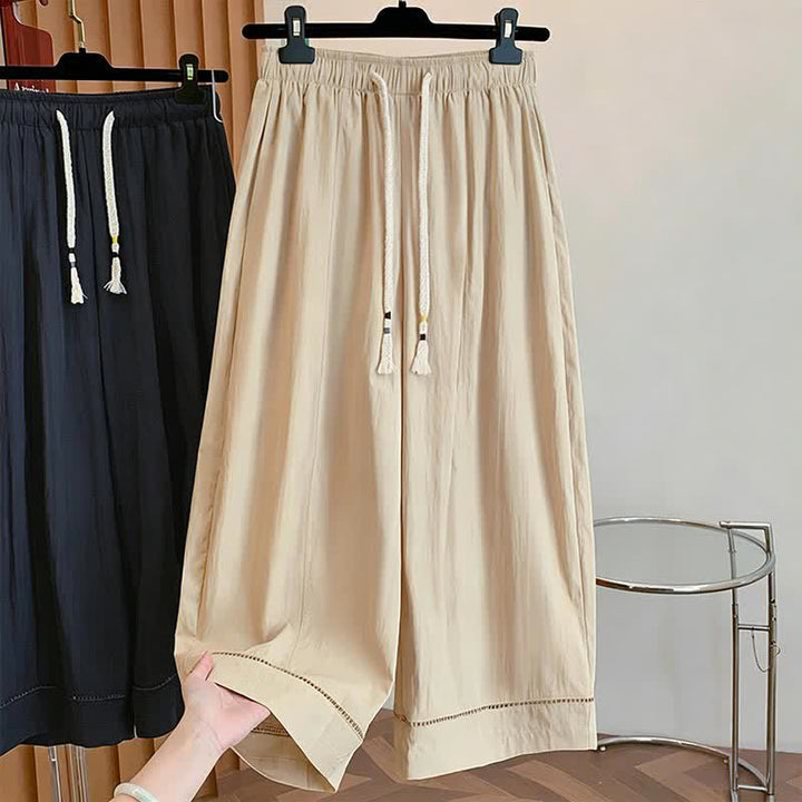 Buddha Stones Lässige, einfarbige, knöchellange Damenhose mit weitem Bein und Taschen, Kordelzug für Frühling und Sommer - Khaki - US12, UK/AU16, EU44 (2XL) - image 0