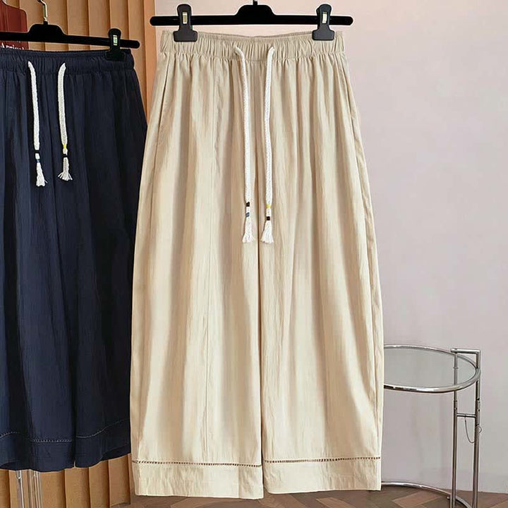 Buddha Stones Lässige, einfarbige, knöchellange Damenhose mit weitem Bein und Taschen, Kordelzug für Frühling und Sommer - image 2