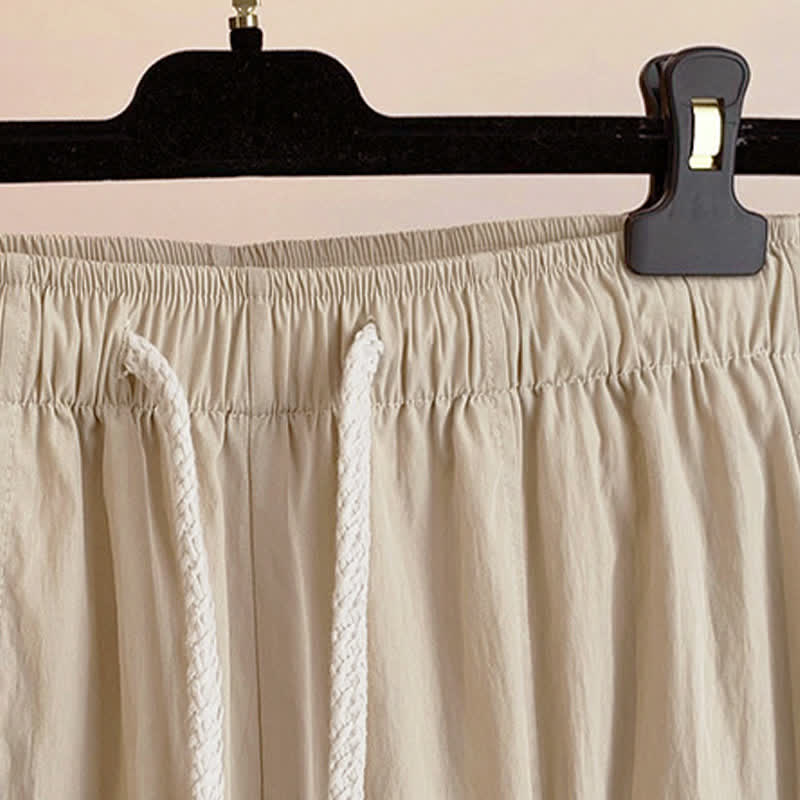 Buddha Stones Lässige, einfarbige, knöchellange Damenhose mit weitem Bein und Taschen, Kordelzug für Frühling und Sommer - image 3