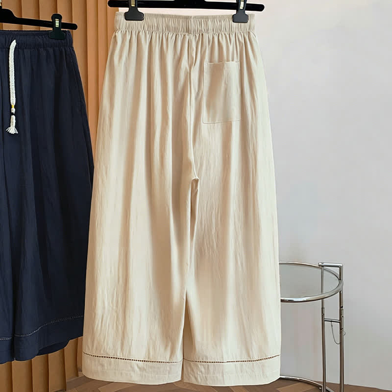 Buddha Stones Lässige, einfarbige, knöchellange Damenhose mit weitem Bein und Taschen, Kordelzug für Frühling und Sommer - image 1