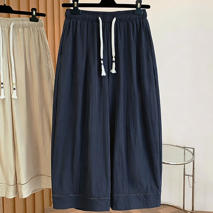 Buddha Stones Lässige, einfarbige, knöchellange Damenhose mit weitem Bein und Taschen, Kordelzug für Frühling und Sommer - image 12