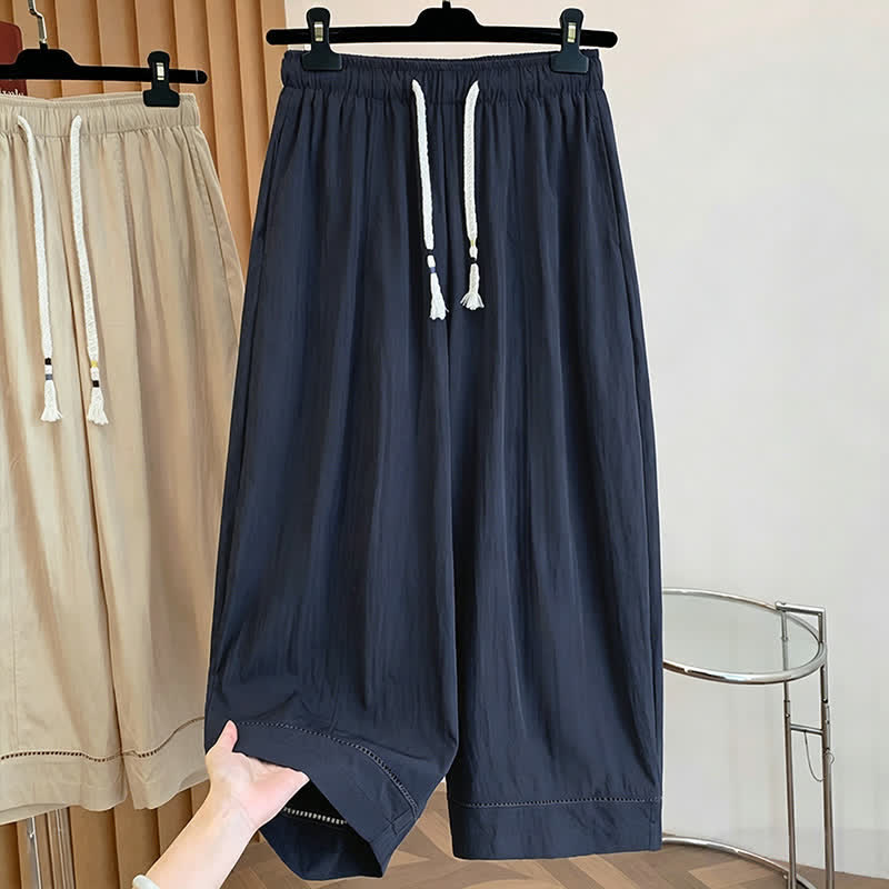 Buddha Stones Lässige, einfarbige, knöchellange Damenhose mit weitem Bein und Taschen, Kordelzug für Frühling und Sommer - Mitternachtsblau - US12, UK/AU16, EU44 (2XL) - image 11