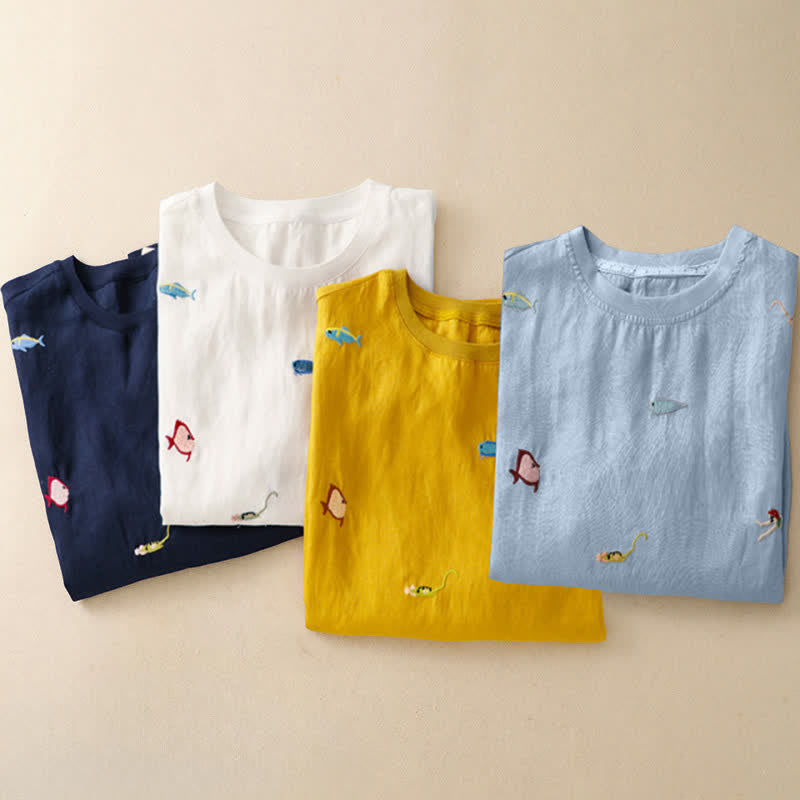 Buddha Stones Lässiges Sommer-T-Shirt mit Fischmotiv und Stickerei, Kurzarm, für Damen - image 29