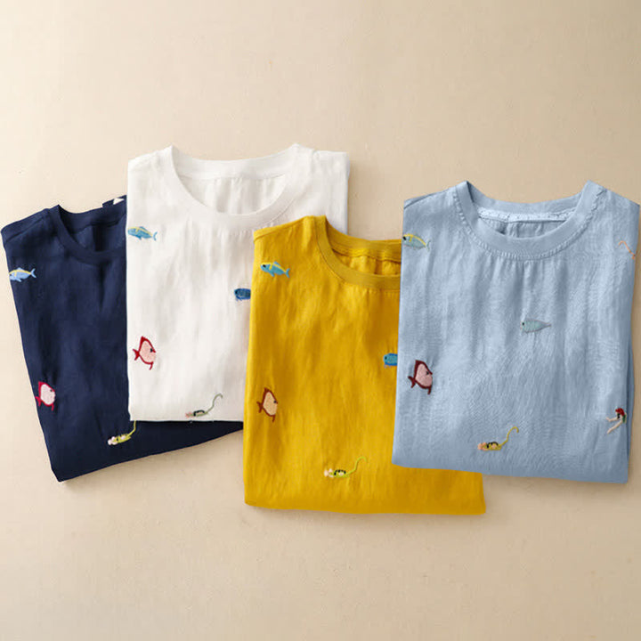 Buddha Stones Lässiges Sommer-T-Shirt mit Fischmotiv und Stickerei, Kurzarm, für Damen - image 29