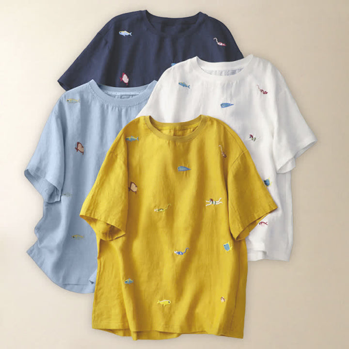 Buddha Stones Lässiges Sommer-T-Shirt mit Fischmotiv und Stickerei, Kurzarm, für Damen - image 28
