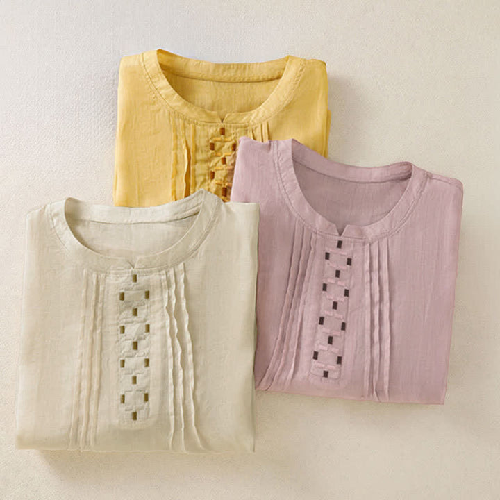 Buddha Stones Sommerliches, lässiges Kurzarm-T-Shirt für Damen mit Stickerei, Falten vorne und einfarbigem Design - image 23