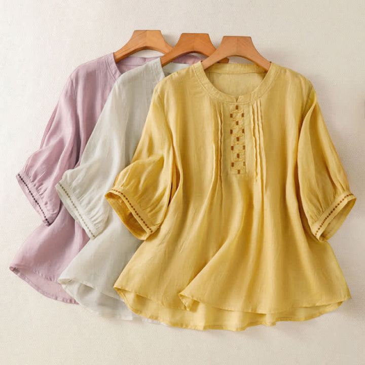 Buddha Stones Sommerliches, lässiges Kurzarm-T-Shirt für Damen mit Stickerei, Falten vorne und einfarbigem Design - image 22