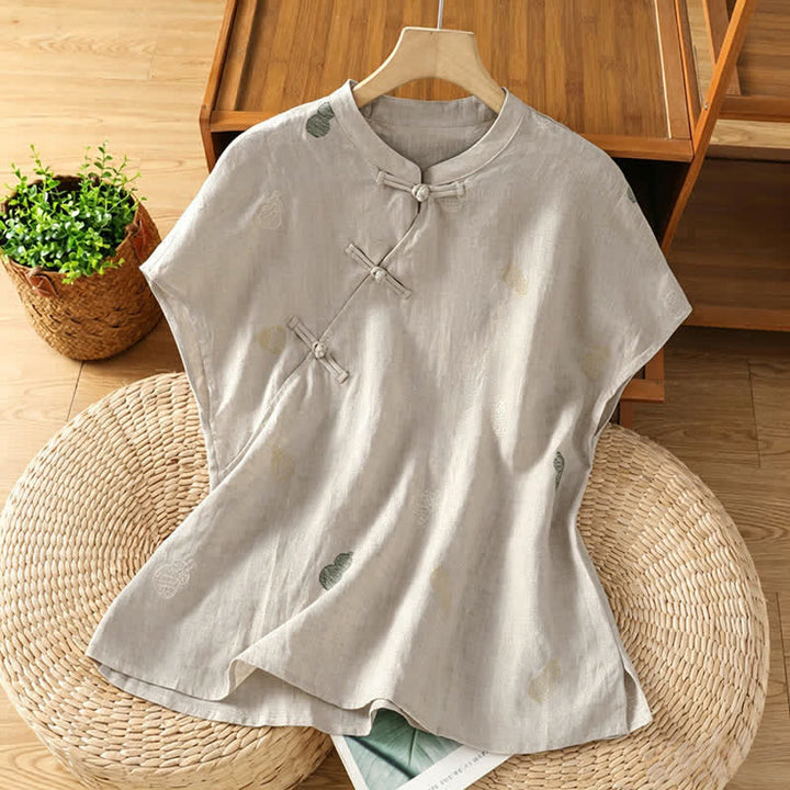 Buddha Stones Sommerliche Kurzarmblusen im Tang-Stil mit Mandarin-Kragen, Froschknopf und Kürbisstickerei für Damen - Leinen - US12, UK/AU16, EU44 (2XL) - image 12