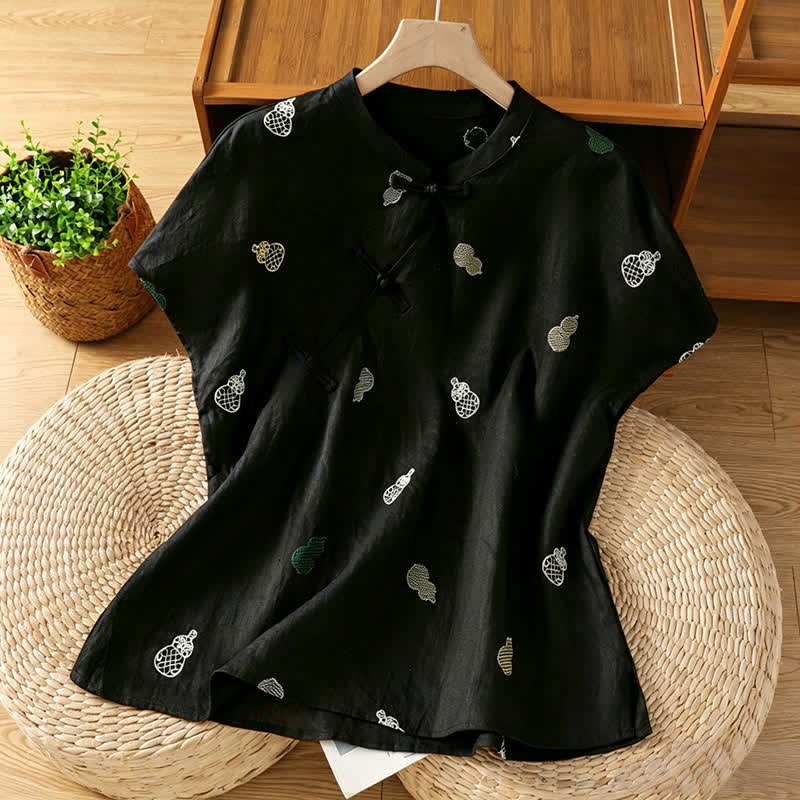 Buddha Stones Sommerliche Kurzarmblusen im Tang-Stil mit Mandarin-Kragen, Froschknopf und Kürbisstickerei für Damen - Schwarz - US12, UK/AU16, EU44 (2XL) - image 7