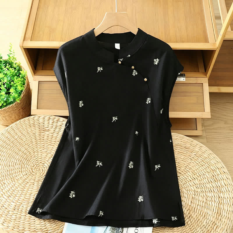 Buddha Stones Sommerliches Vintage-Tanktop im Tang-Stil mit Stehkragen und kleiner Blumenstickerei, ärmellos, Damenbluse - Schwarz - US12, UK/AU16, EU44 (2XL) - image 0