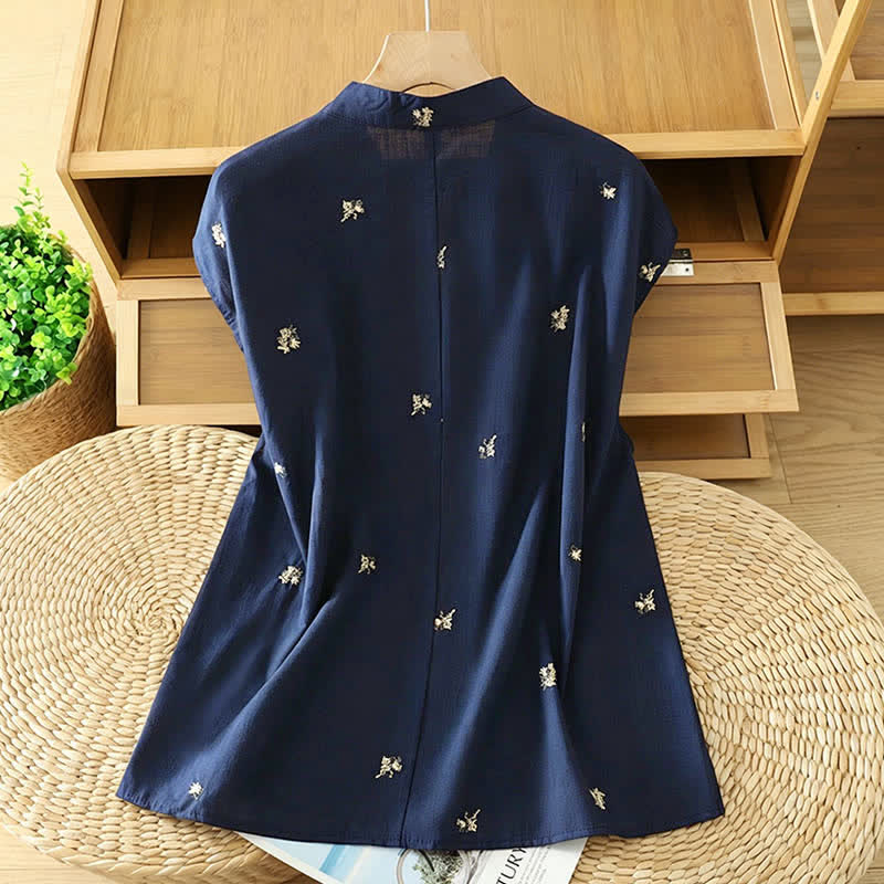 Buddha Stones Sommerliches Vintage-Tanktop im Tang-Stil mit Stehkragen und kleiner Blumenstickerei, ärmellos, Damenbluse - image 7