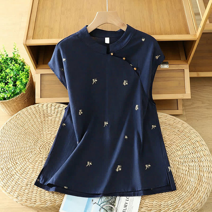 Buddha Stones Sommerliches Vintage-Tanktop im Tang-Stil mit Stehkragen und kleiner Blumenstickerei, ärmellos, Damenbluse - Mitternachtsblau - US12, UK/AU16, EU44 (2XL) - image 6