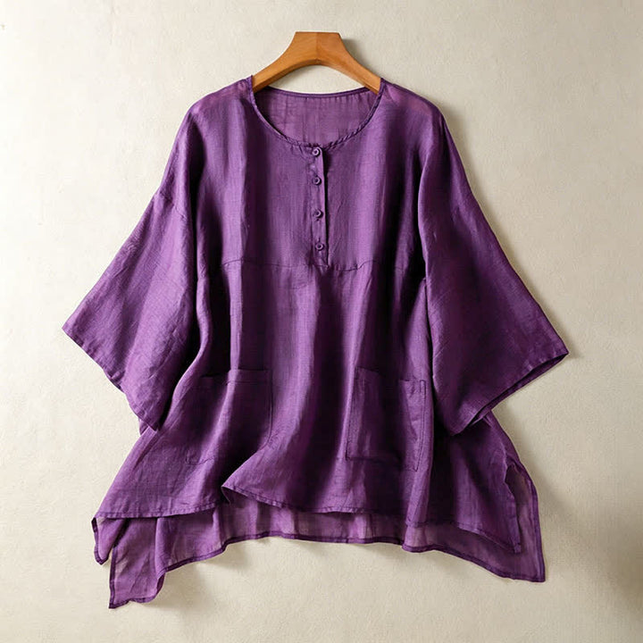 Buddha Stones Lässiges Sommer-Boho-Kurzarmhemd für Damen mit aufgesetzter Tasche, halber Knopfleiste, Glockenärmeln und einfarbigem Design. - RebeccaPurple - US14, UK/AU18, EU46 (2XL) - image 0