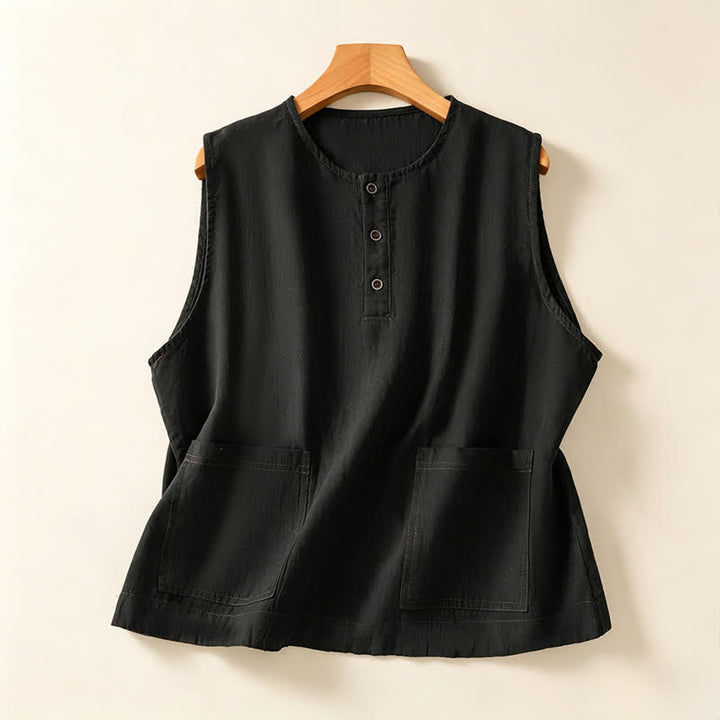 Buddha Stones Lässiges, minimalistisches, einfarbiges Damen-Tanktop mit Knopfleiste und aufgesetzter Tasche – perfekt für den Sommer. - Schwarz - US12, UK/AU16, EU44 (2XL) - image 7