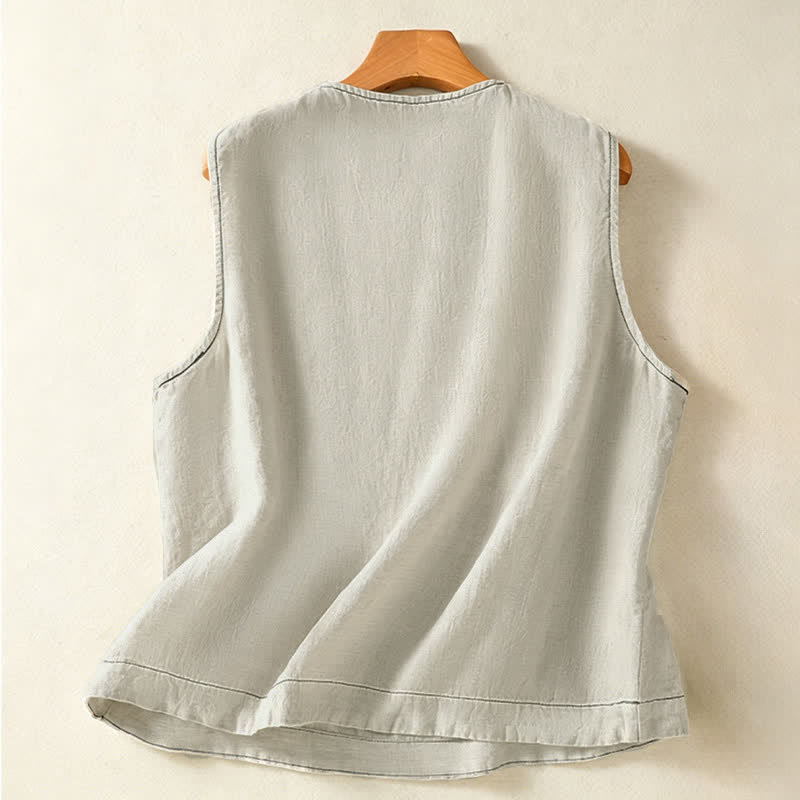 Buddha Stones Lässiges, minimalistisches, einfarbiges Damen-Tanktop mit Knopfleiste und aufgesetzter Tasche – perfekt für den Sommer. - image 1