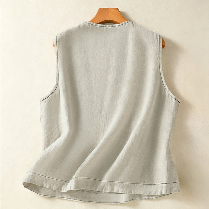 Buddha Stones Lässiges, minimalistisches, einfarbiges Damen-Tanktop mit Knopfleiste und aufgesetzter Tasche – perfekt für den Sommer. - image 1