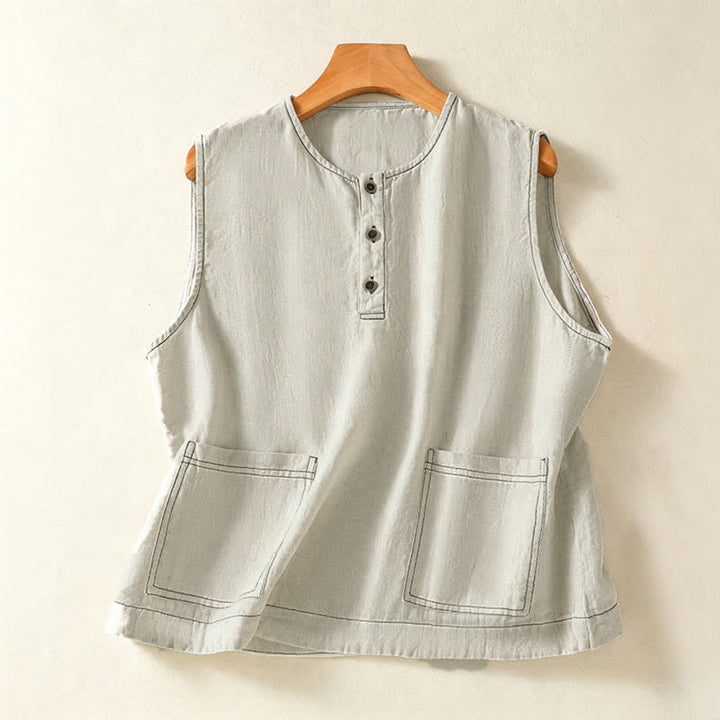 Buddha Stones Lässiges, minimalistisches, einfarbiges Damen-Tanktop mit Knopfleiste und aufgesetzter Tasche – perfekt für den Sommer. - Beige - US12, UK/AU16, EU44 (2XL) - image 0