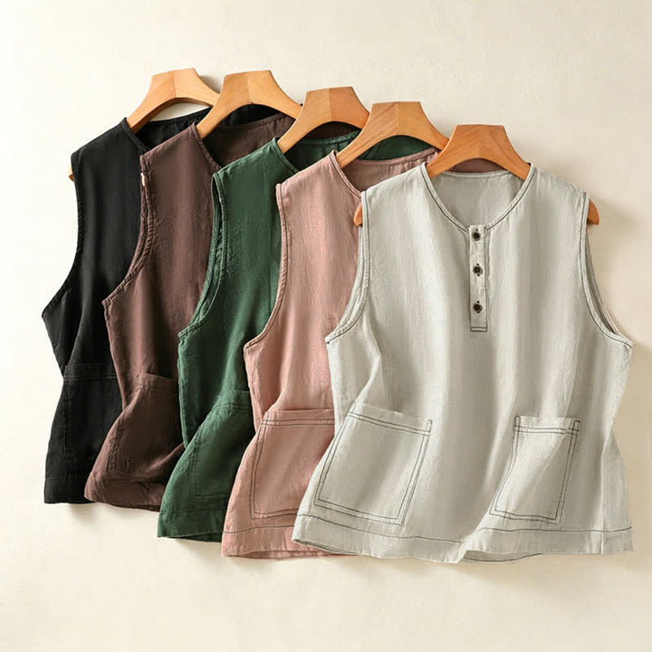 Buddha Stones Lässiges, minimalistisches, einfarbiges Damen-Tanktop mit Knopfleiste und aufgesetzter Tasche – perfekt für den Sommer. - image 33
