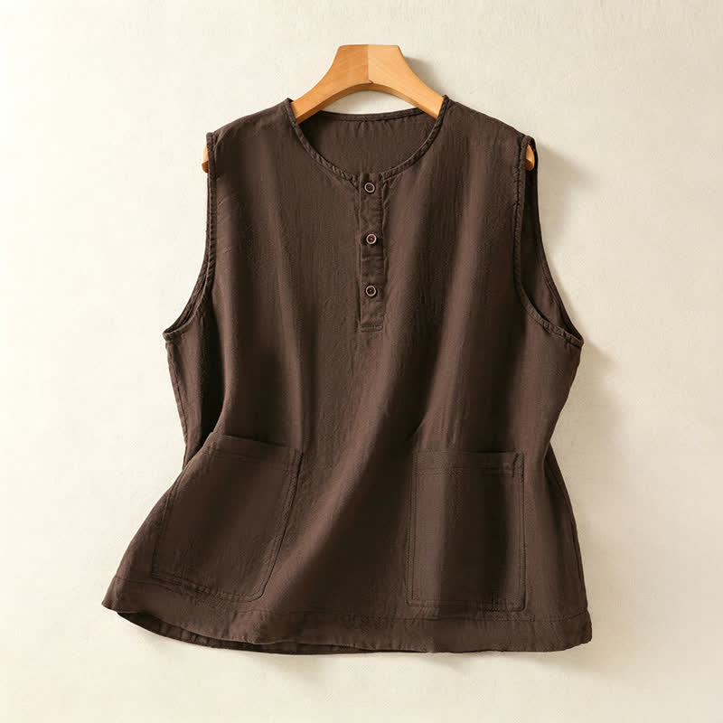 Buddha Stones Lässiges, minimalistisches, einfarbiges Damen-Tanktop mit Knopfleiste und aufgesetzter Tasche – perfekt für den Sommer. - Sattelbraun - US12, UK/AU16, EU44 (2XL) - image 20