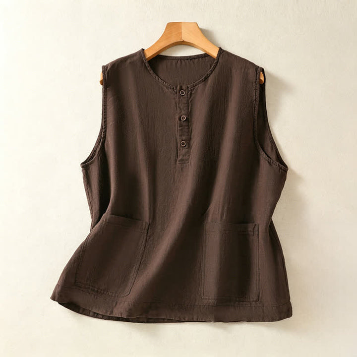Buddha Stones Lässiges, minimalistisches, einfarbiges Damen-Tanktop mit Knopfleiste und aufgesetzter Tasche – perfekt für den Sommer. - Sattelbraun - US12, UK/AU16, EU44 (2XL) - image 20