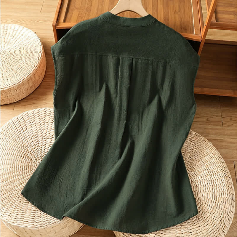 Buddha Stones Sommerliches ärmelloses Tanktop im Tang-Stil mit Stehkragen, Knopfleiste und aufgesetzter Tasche für Damen - image 10
