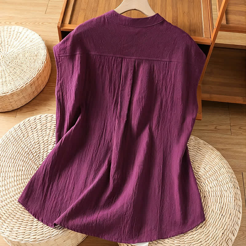 Buddha Stones Sommerliches ärmelloses Tanktop im Tang-Stil mit Stehkragen, Knopfleiste und aufgesetzter Tasche für Damen - image 17