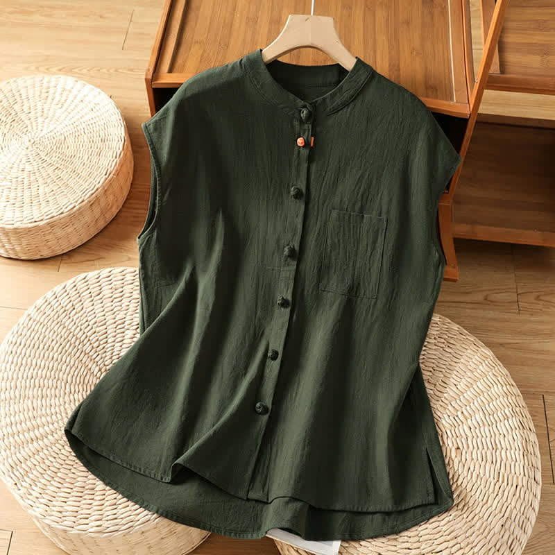 Buddha Stones Sommerliches ärmelloses Tanktop im Tang-Stil mit Stehkragen, Knopfleiste und aufgesetzter Tasche für Damen - Dunkelolivgrün - US12, UK/AU16, EU44 (2XL) - image 9