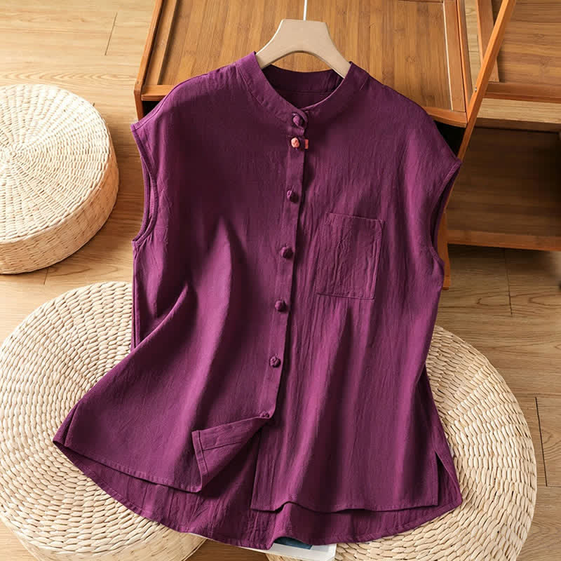Buddha Stones Sommerliches ärmelloses Tanktop im Tang-Stil mit Stehkragen, Knopfleiste und aufgesetzter Tasche für Damen - Lila - US12, UK/AU16, EU44 (2XL) - image 16