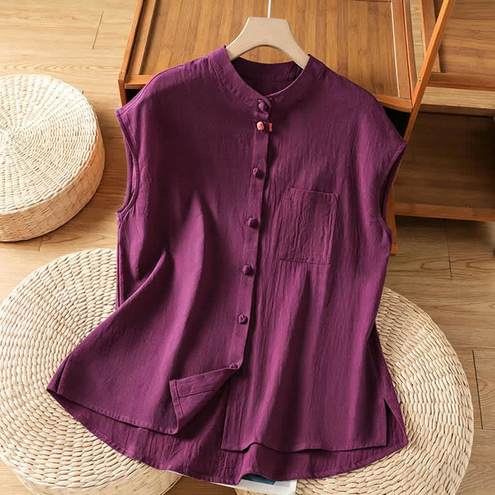 Buddha Stones Sommerliches ärmelloses Tanktop im Tang-Stil mit Stehkragen, Knopfleiste und aufgesetzter Tasche für Damen - Lila - US12, UK/AU16, EU44 (2XL) - image 16