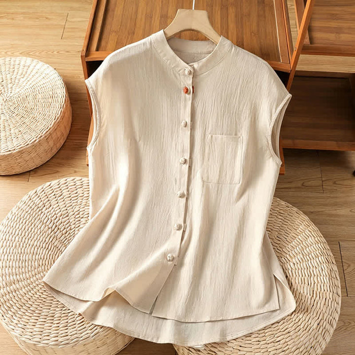 Buddha Stones Sommerliches ärmelloses Tanktop im Tang-Stil mit Stehkragen, Knopfleiste und aufgesetzter Tasche für Damen - Beige - US12, UK/AU16, EU44 (2XL) - image 0