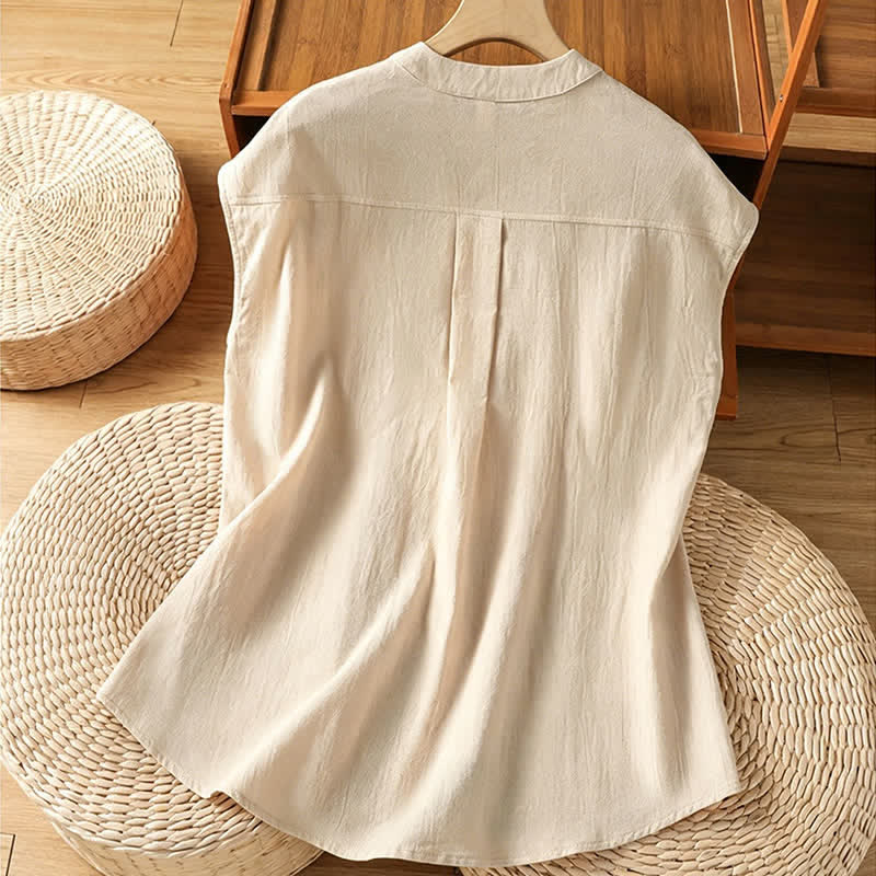 Buddha Stones Sommerliches ärmelloses Tanktop im Tang-Stil mit Stehkragen, Knopfleiste und aufgesetzter Tasche für Damen - image 1