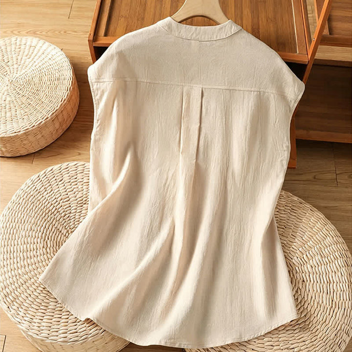 Buddha Stones Sommerliches ärmelloses Tanktop im Tang-Stil mit Stehkragen, Knopfleiste und aufgesetzter Tasche für Damen - image 1
