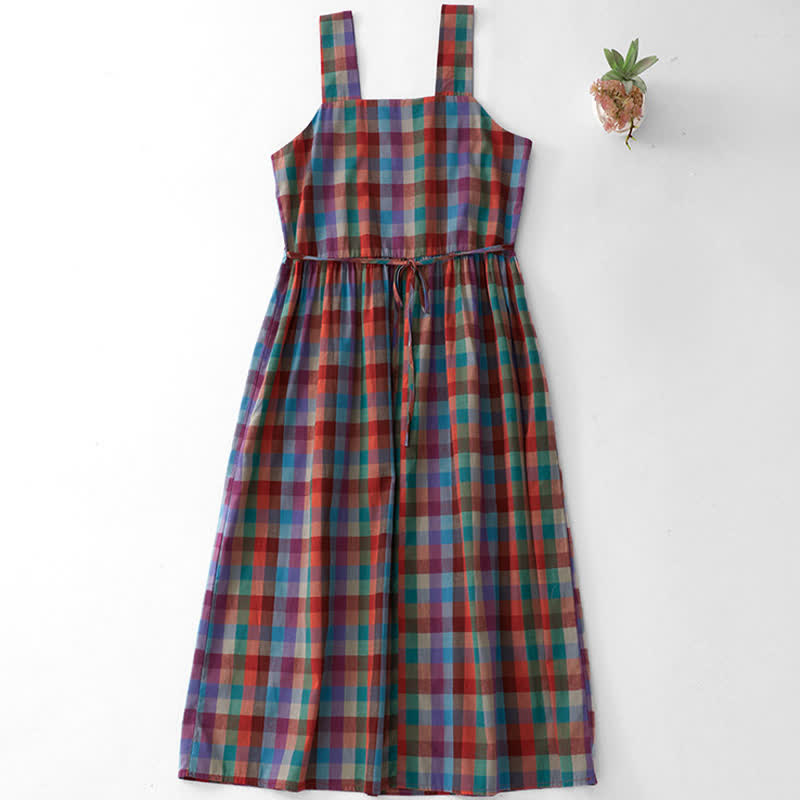 Buddha Stones Sommerliches, lässiges Vintage-Sommerkleid mit Regenbogenkaromuster und Kordelzug, ärmellos, für Damen, ärmellos - image 1