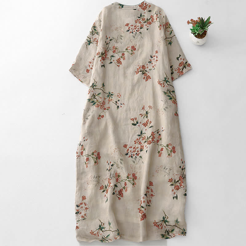 Buddha Stones Sommerkleid im Tang-Stil mit Stehkragen, kleinen roten Blumen und kurzen Ärmeln für Damen - image 1