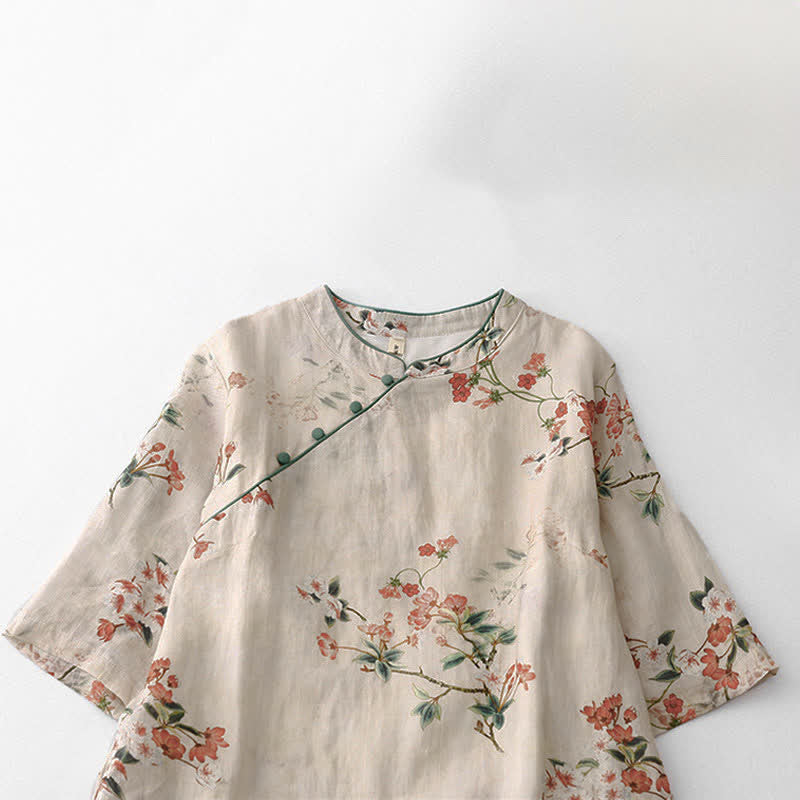 Buddha Stones Sommerkleid im Tang-Stil mit Stehkragen, kleinen roten Blumen und kurzen Ärmeln für Damen - image 2