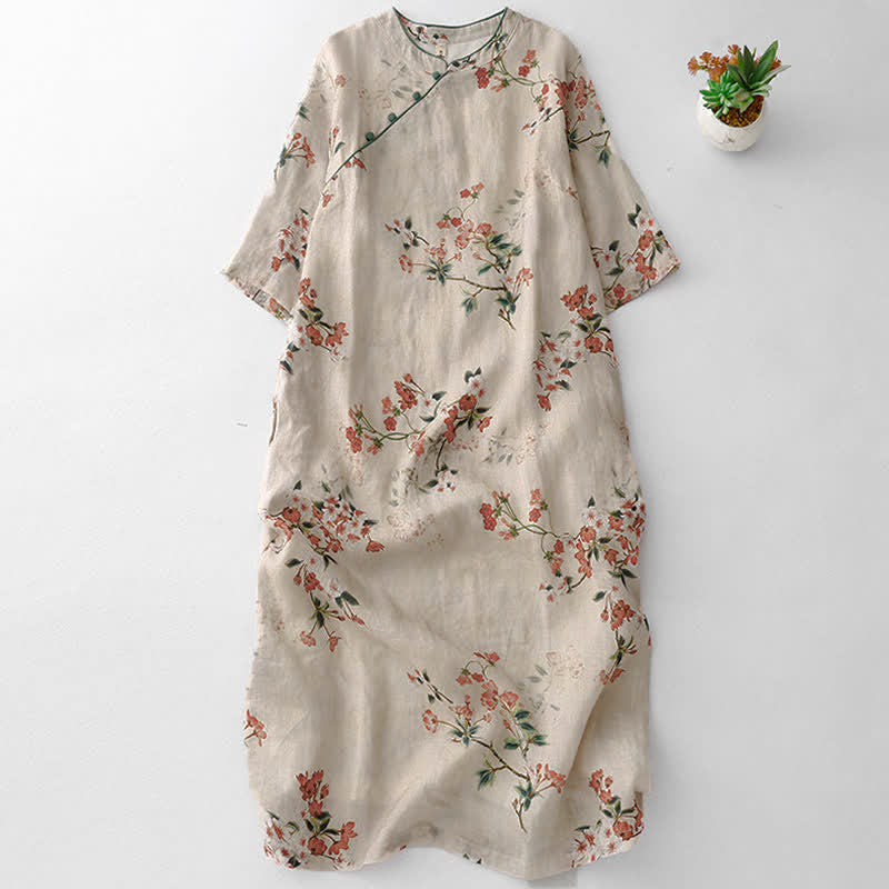 Buddha Stones Sommerkleid im Tang-Stil mit Stehkragen, kleinen roten Blumen und kurzen Ärmeln für Damen - Beige - US8-10, UK/AU12-14, EU40-42 (2XL) - image 0