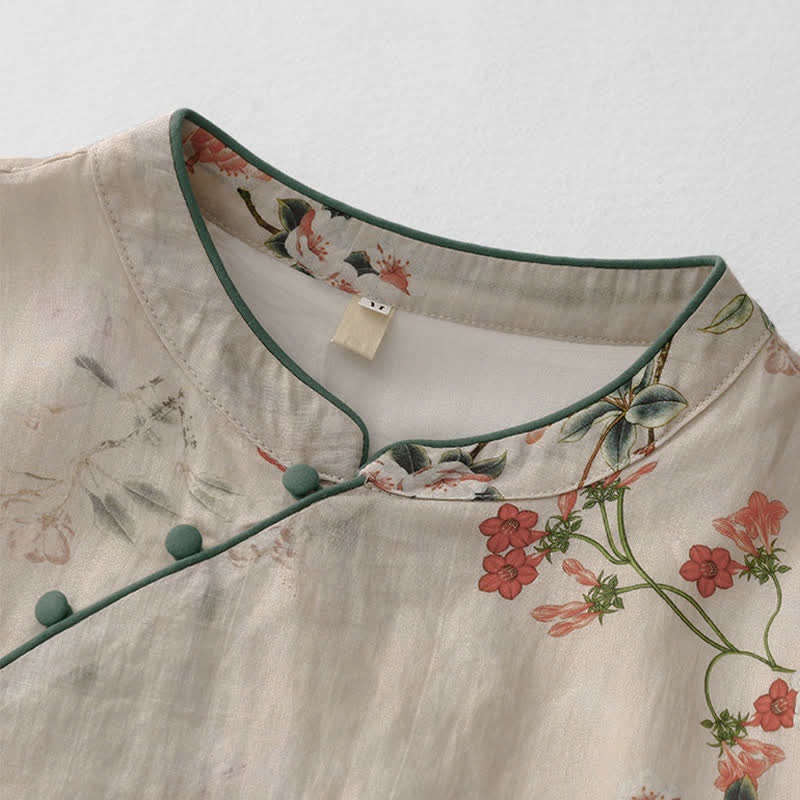 Buddha Stones Sommerkleid im Tang-Stil mit Stehkragen, kleinen roten Blumen und kurzen Ärmeln für Damen - image 3